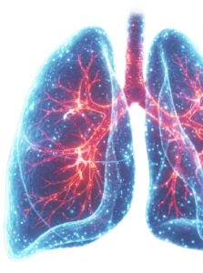 Glowing 3D medical illustration of human lungs in neon blue with a glowing red bronchial tree.